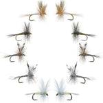 Assortment of 10 classic dry fishing flies in sizes 12-16 from The Fly Fishing Place Basics Collection, displayed on a white background.