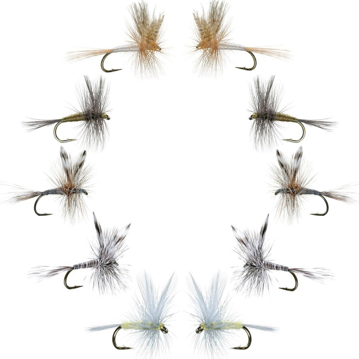 Assortment of 10 classic dry fishing flies in sizes 12-16 from The Fly Fishing Place Basics Collection, displayed on a white background.