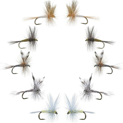 Assortment of 10 classic dry fishing flies in sizes 12-16 from The Fly Fishing Place Basics Collection, displayed on a white background.