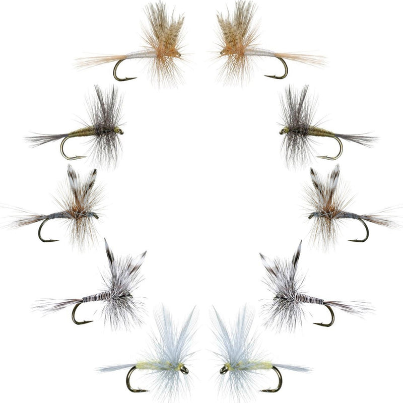 Assortment of 10 classic dry fishing flies in sizes 12-16 from The Fly Fishing Place Basics Collection, displayed on a white background.