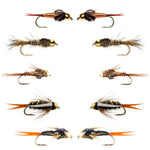 Assorted tungsten bead nymph flies in sizes 10-16, part of Basics Collection, for fly fishing, displayed in a natural setting.