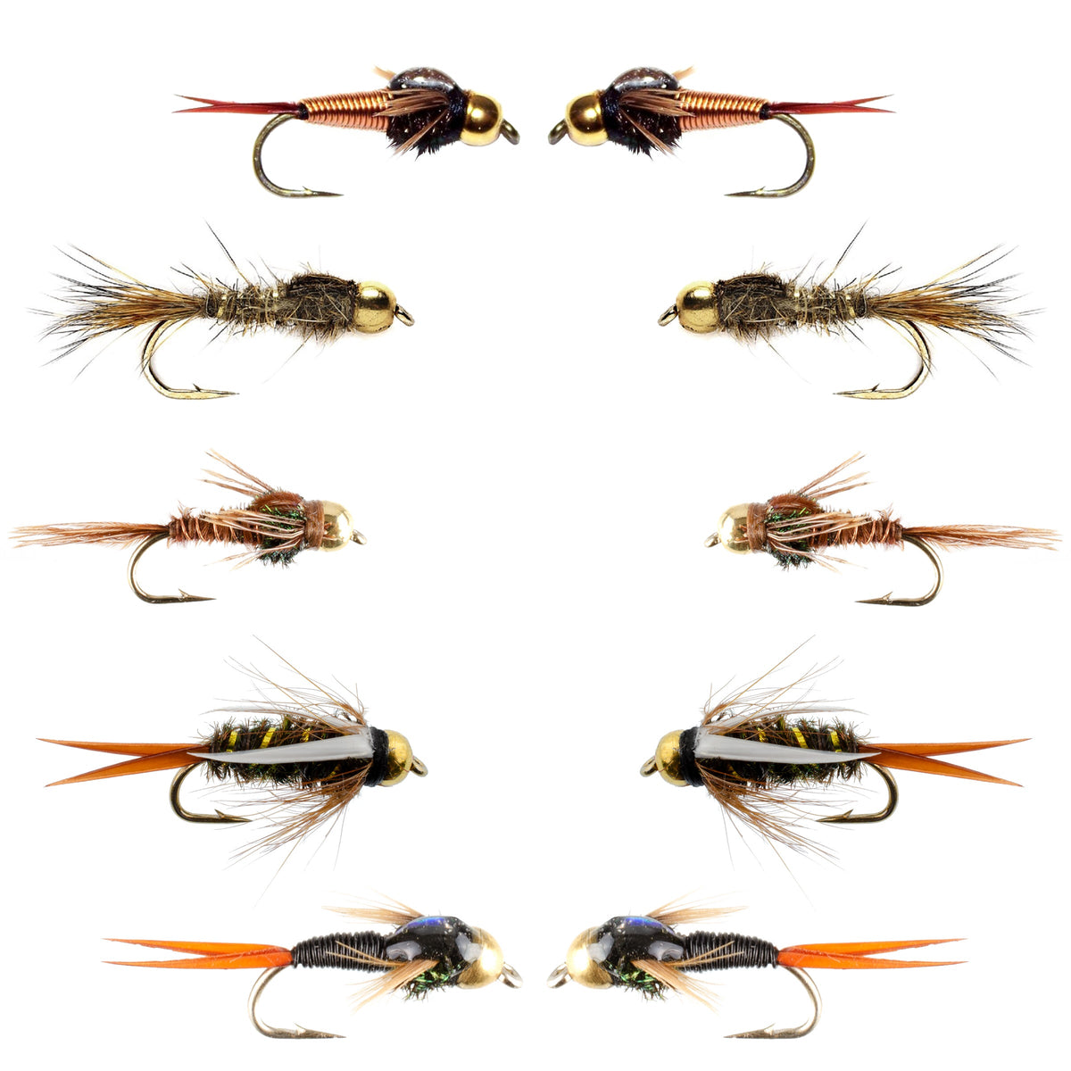 Assorted tungsten bead nymph flies in sizes 10-16, part of Basics Collection, for fly fishing, displayed in a natural setting.