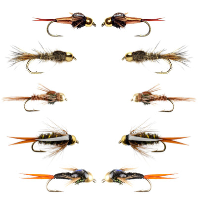 Assortment of 10 bead head nymph flies in various sizes from the Basics Collection, designed for fly fishing.
