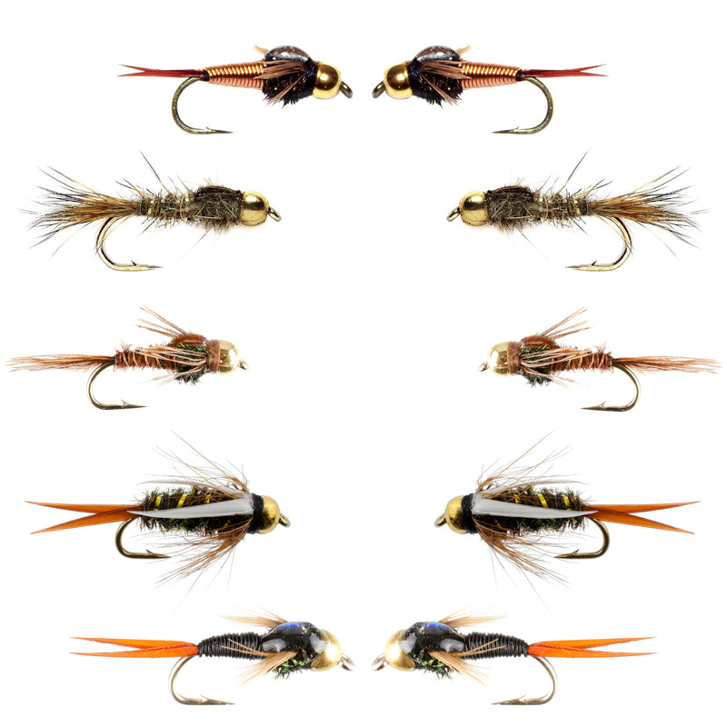 Assortment of 10 bead head nymph flies in various sizes from the Basics Collection, designed for fly fishing.
