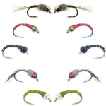 Set of 10 bead head midge nymph flies in sizes 14-18 from the Basics Collection, perfect for fly fishing.