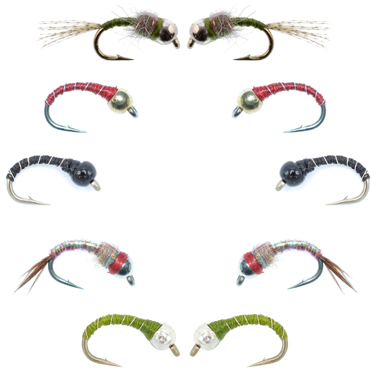 Set of 10 bead head midge nymph flies in sizes 14-18 from the Basics Collection, perfect for fly fishing.