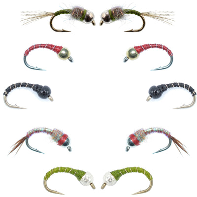 Set of 10 bead head midge nymph flies in sizes 14-18 from the Basics Collection, perfect for fly fishing.