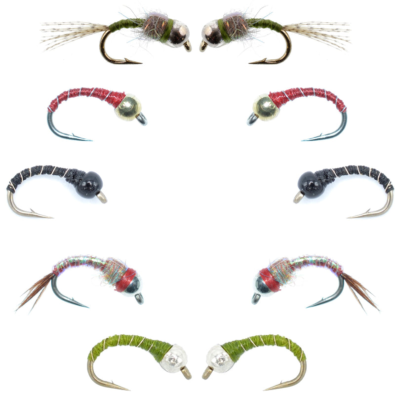 Set of 10 bead head midge nymph flies in sizes 14-18 from the Basics Collection, perfect for fly fishing.