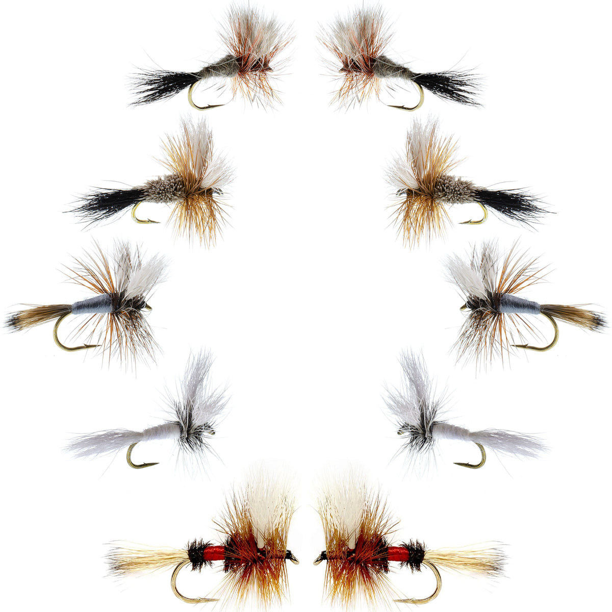 Wulff Fly Assortment from Basics Collection featuring 10 fishing flies in 5 patterns, sizes 10-14 for fly fishing.