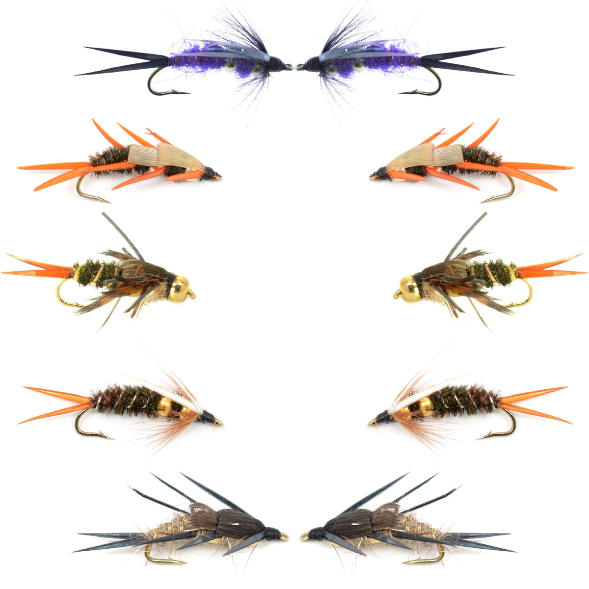 Double bead nymph flies from Basics Collection, size 12, showing detailed wet fly patterns for fly fishing.