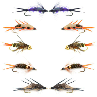 Basics Collection double bead nymph flies, size 14, from The Fly Fishing Place, featuring ten realistic fly fishing nymphs for freshwater fishing.