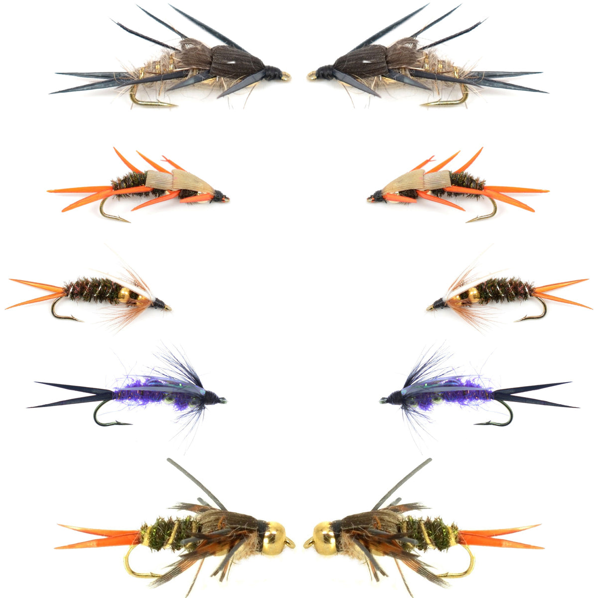 Assorted size 10 double bead nymph flies from the Basics Collection by The Fly Fishing Place, ideal for fly fishing.