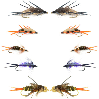 Assorted size 10 double bead nymph flies from the Basics Collection by The Fly Fishing Place, ideal for fly fishing.