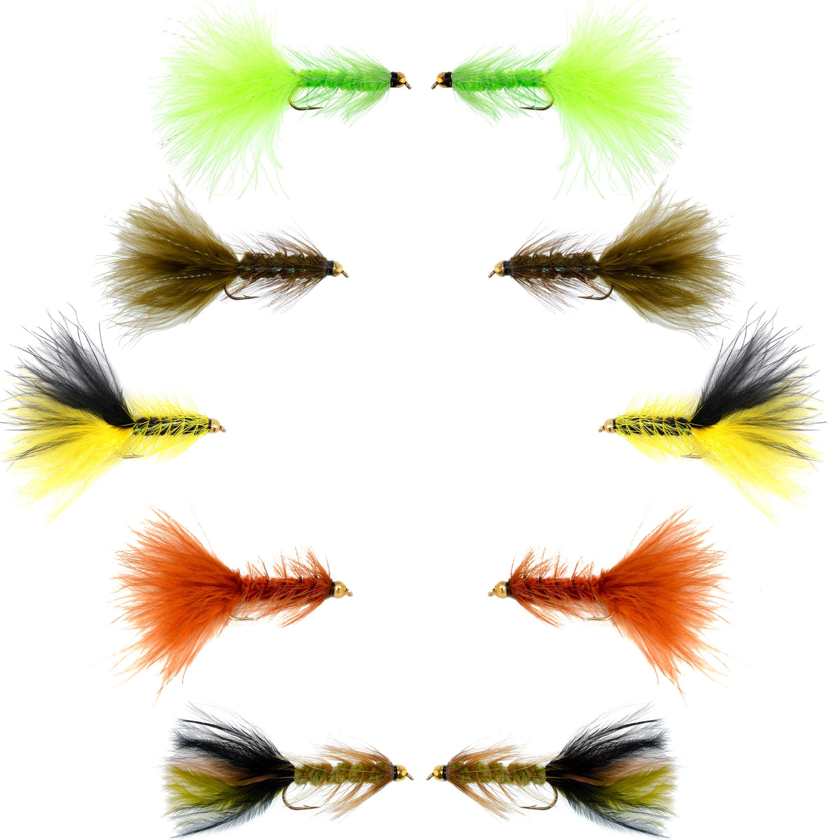 Assorted size 8 Woolly Bugger streamer flies from the Basics Collection by The Fly Fishing Place, featuring 10 colorful fishing flies.