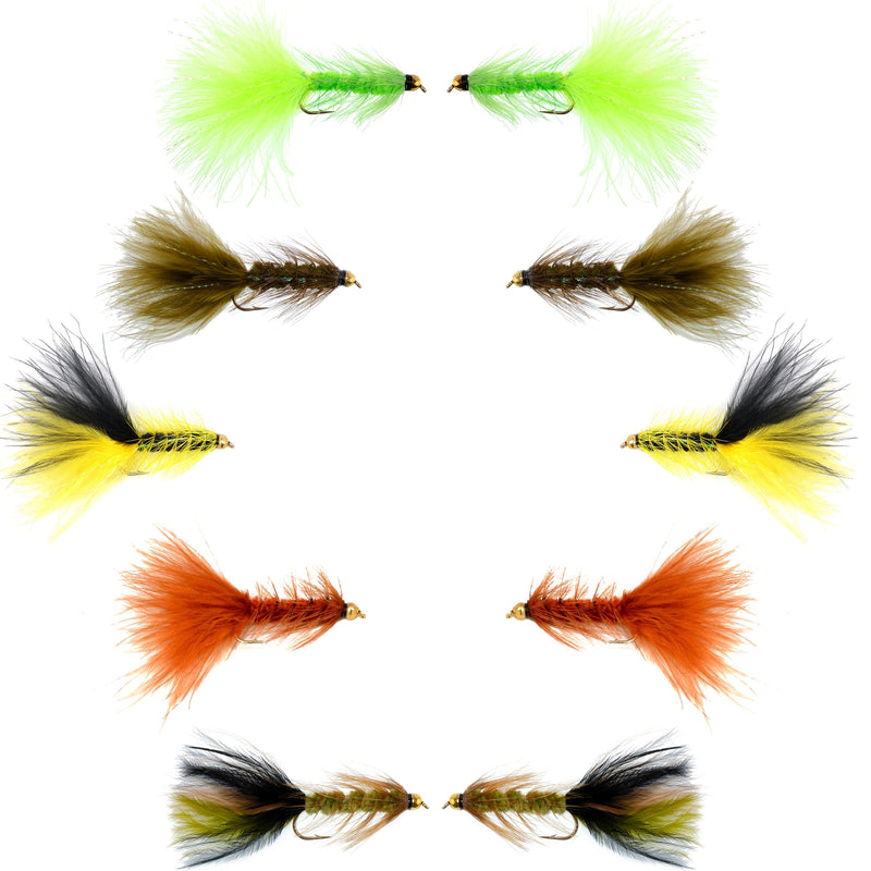 Assorted size 8 Woolly Bugger streamer flies from the Basics Collection by The Fly Fishing Place, featuring 10 colorful fishing flies.