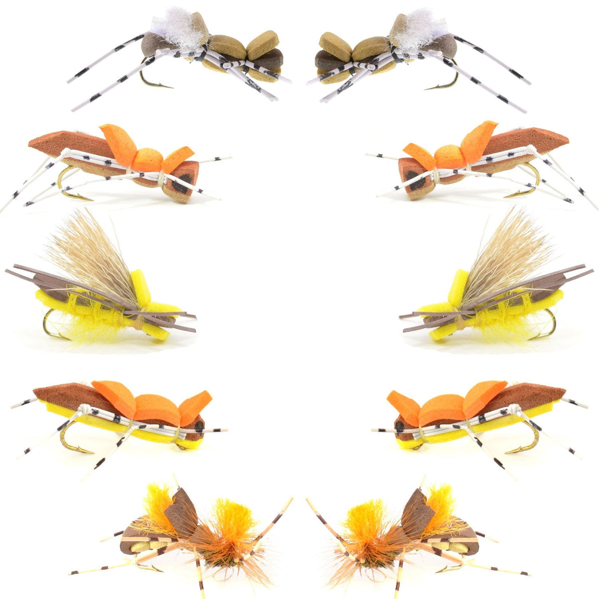 Assorted Basics Collection foam hopper flies in size 10 for fly fishing, featuring natural terrestrial insect patterns.