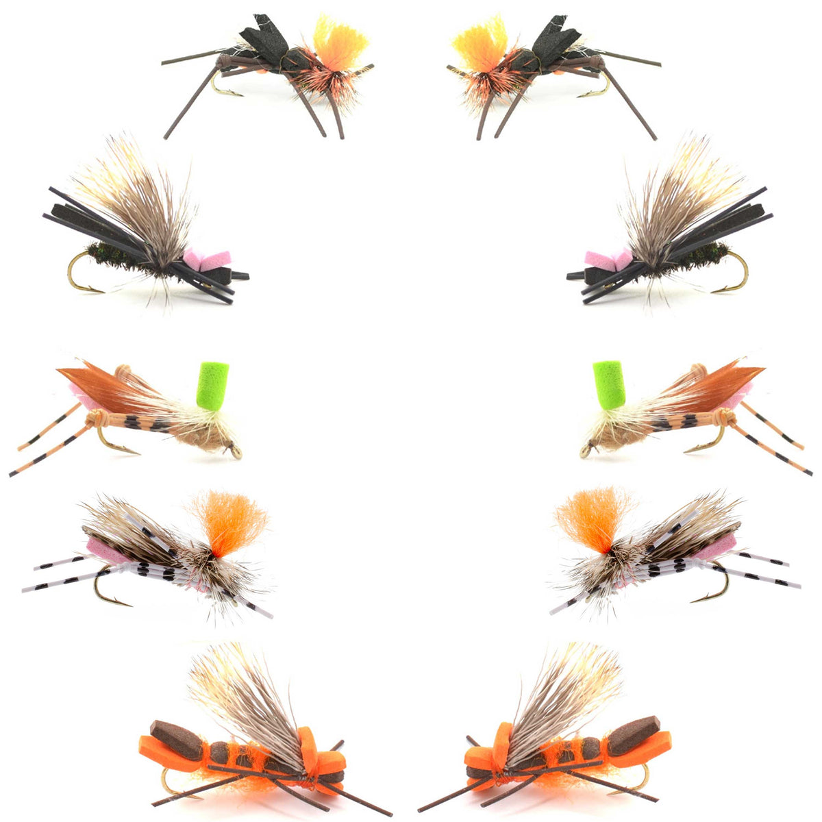 Assorted Basics Collection foam hoppers fishing flies, size 10, terrestrials, by The Fly Fishing Place, displayed on a fishing hook.