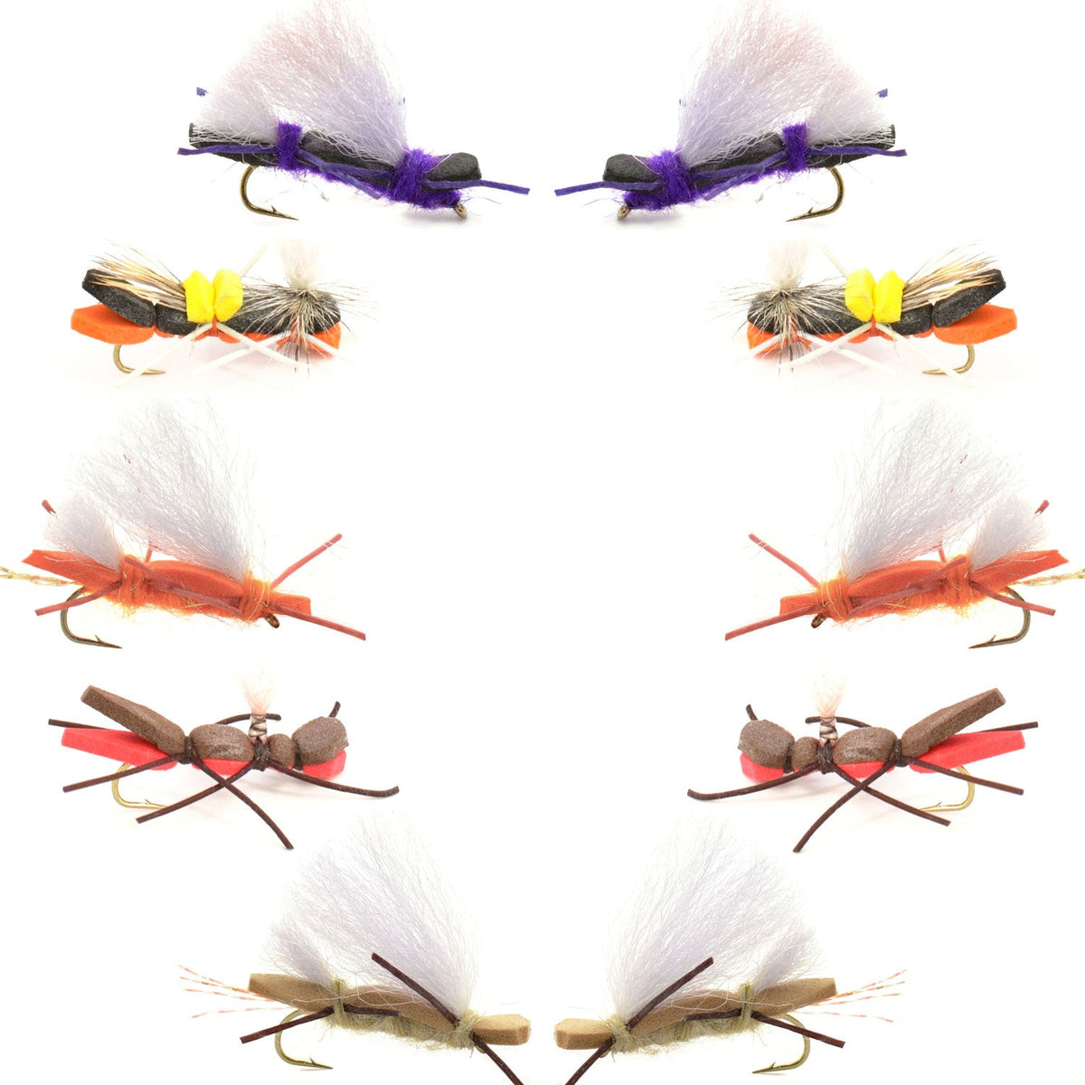 Assorted Chernobyl Ant hopper flies from The Fly Fishing Place Basics Collection, 10 size 10 terrestrials for fly fishing.