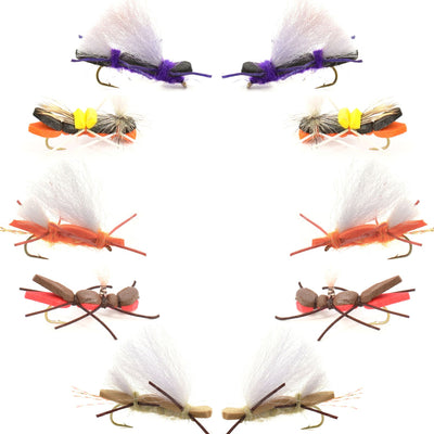 Assorted Chernobyl Ant hopper flies from The Fly Fishing Place Basics Collection, 10 size 10 terrestrials for fly fishing.