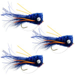 Set of three blue and orange bass popper flies with weed guards, ideal for bass fishing from The Fly Fishing Place
