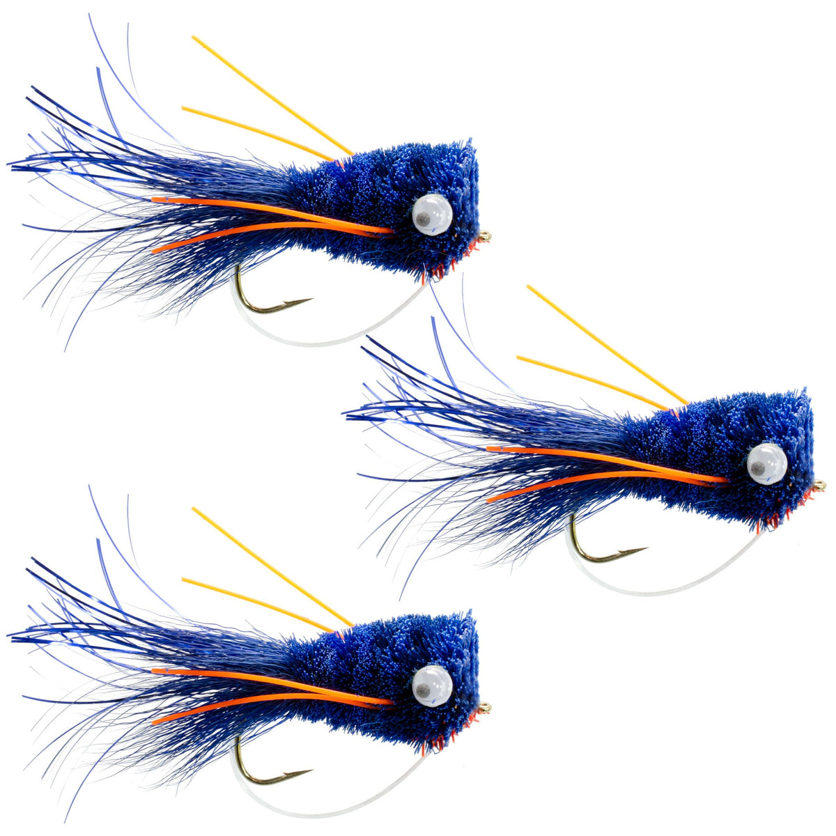 Set of three blue and orange bass popper flies with weed guards, ideal for bass fishing from The Fly Fishing Place