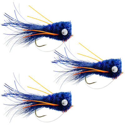 Set of three blue and orange bass popper flies with weed guards, ideal for bass fishing from The Fly Fishing Place
