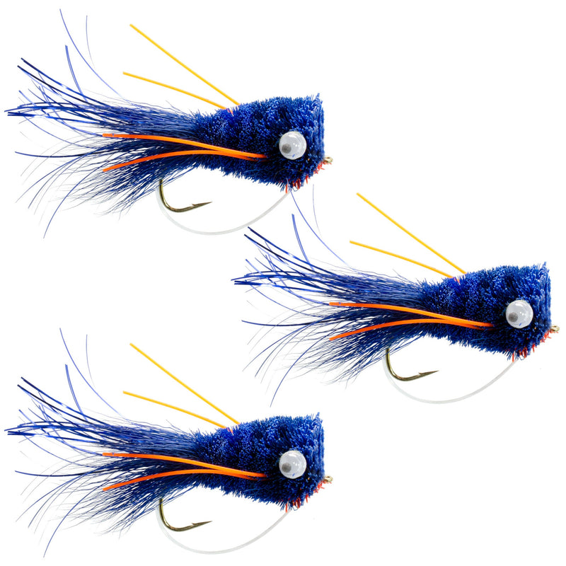 Set of three blue and orange bass popper flies with weed guards, ideal for bass fishing from The Fly Fishing Place