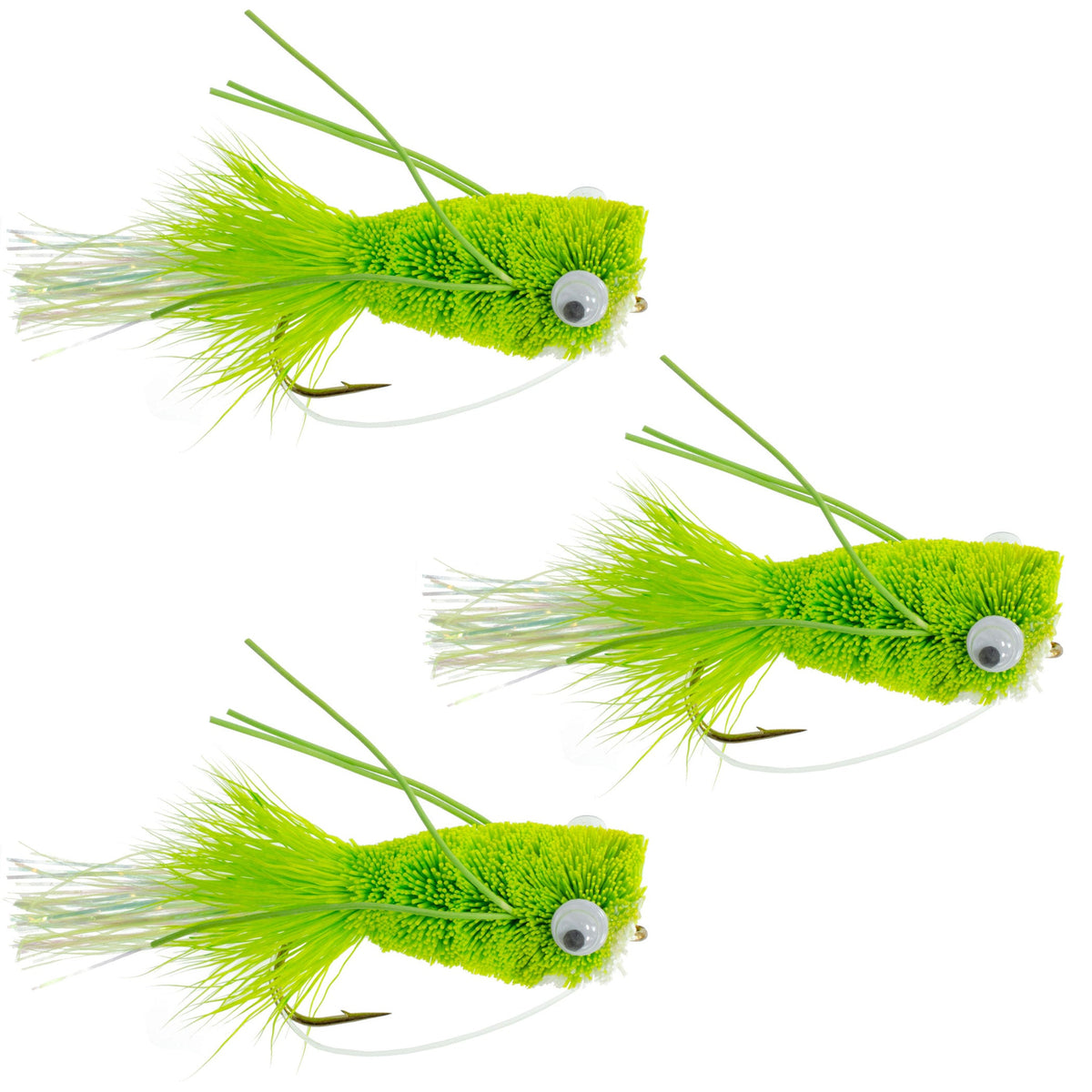Set of three chartreuse bass popper flies with weed guards for bass fishing from The Fly Fishing Place.
