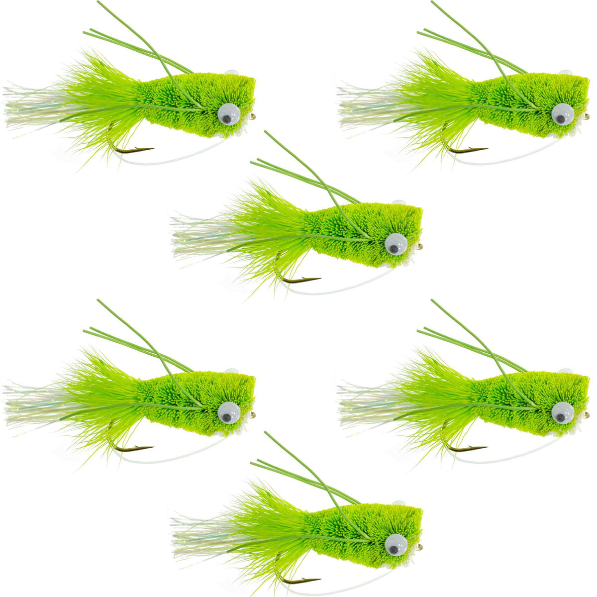 Set of six chartreuse Flashtail Bass Popper flies with wide gape hooks and weed guard for bass fishing.