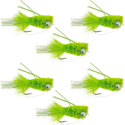 Set of six chartreuse Flashtail Bass Popper flies with wide gape hooks and weed guard for bass fishing.