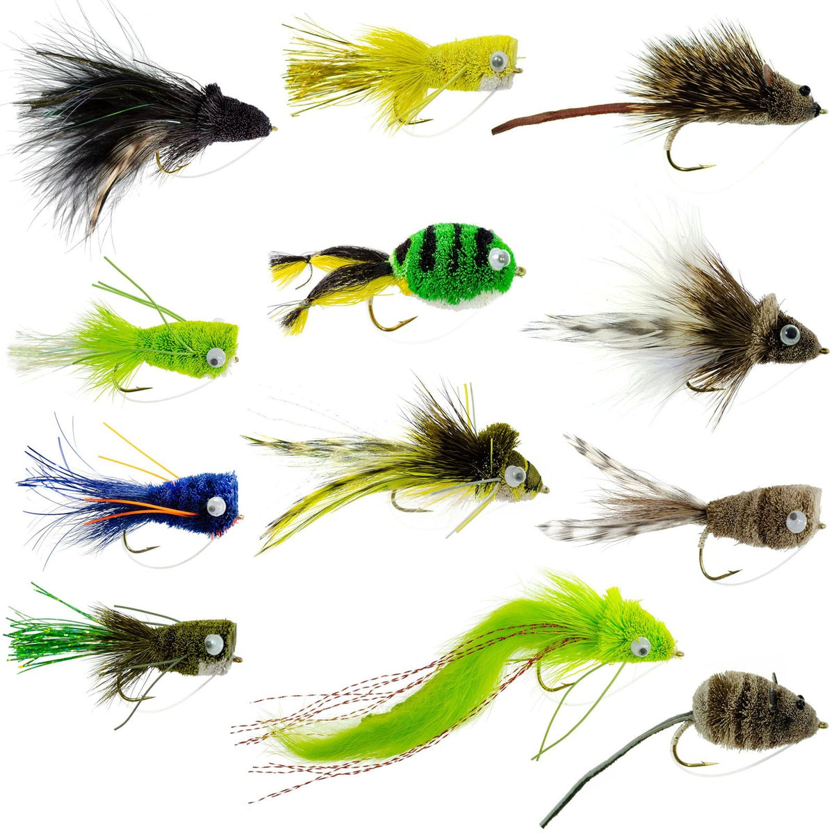 Set of 12 spun hair bass flies in hook sizes 2, 4, 6, and 8, designed for bass fishing by The Fly Fishing Place.