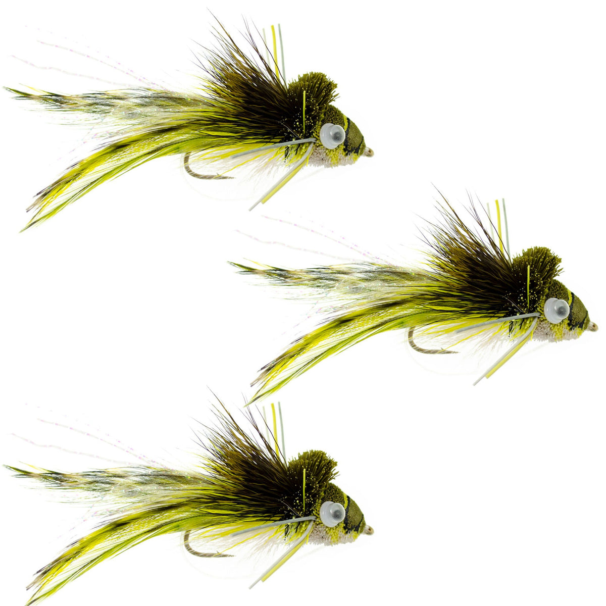 Set of three Dahlberg Diver bass flies with weed guards, size 4 swimming frog and bass bug lures for fly fishing.