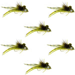 Set of 6 Deer Hair Diver bass flies with hooks, size 4, featuring wide gape and weed guard for bass fishing by The Fly Fishing Place.