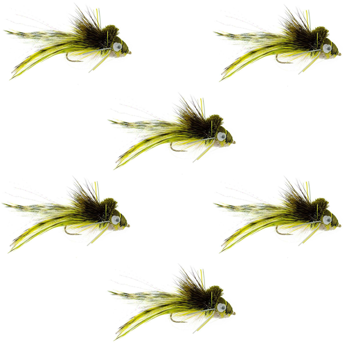 Set of 6 Deer Hair Diver bass flies with hooks, size 4, featuring wide gape and weed guard for bass fishing by The Fly Fishing Place.