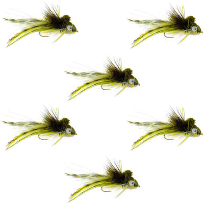 Set of 6 Deer Hair Diver bass flies with hooks, size 4, featuring wide gape and weed guard for bass fishing by The Fly Fishing Place.