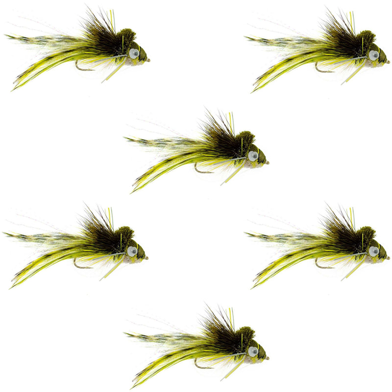 Set of 6 Deer Hair Diver bass flies with hooks, size 4, featuring wide gape and weed guard for bass fishing by The Fly Fishing Place.