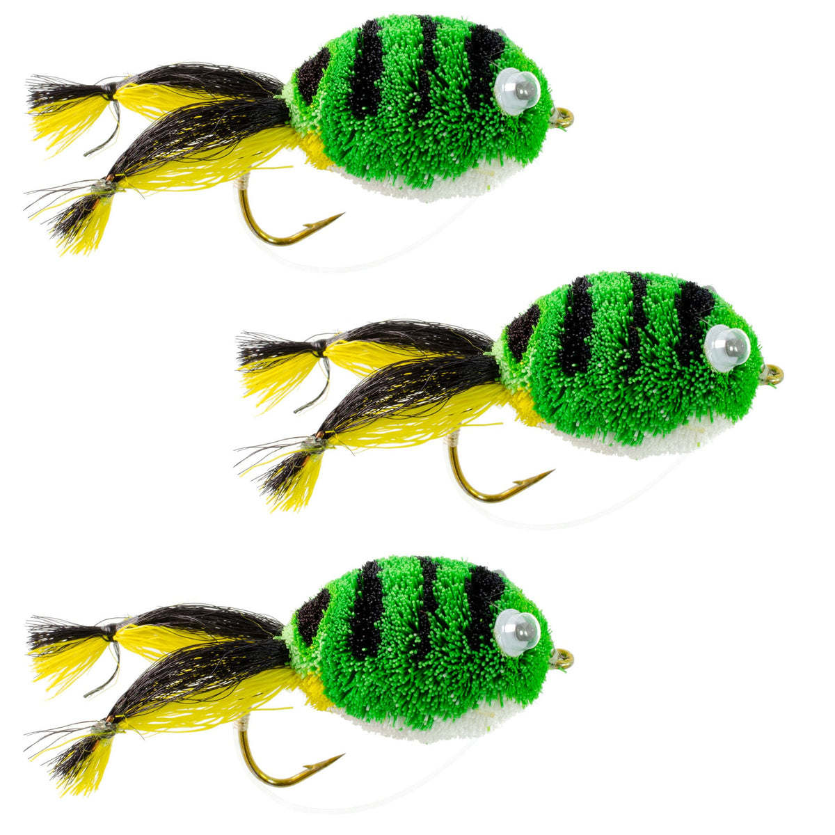 Set of three Messingers Frog Bass Flies by The Fly Fishing Place with weed guards for fly fishing bass fishing trips.