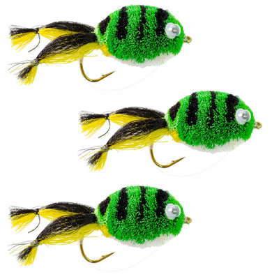Set of three Messingers Frog Bass Flies by The Fly Fishing Place with weed guards for fly fishing bass fishing trips.