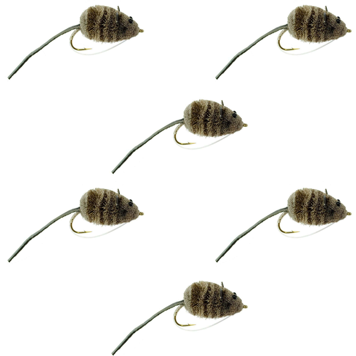 Set of 6 Mighty Mouse Deer Hair Bass Flies with wide gape hooks, weed guard, for bass fly fishing, from The Fly Fishing Place.