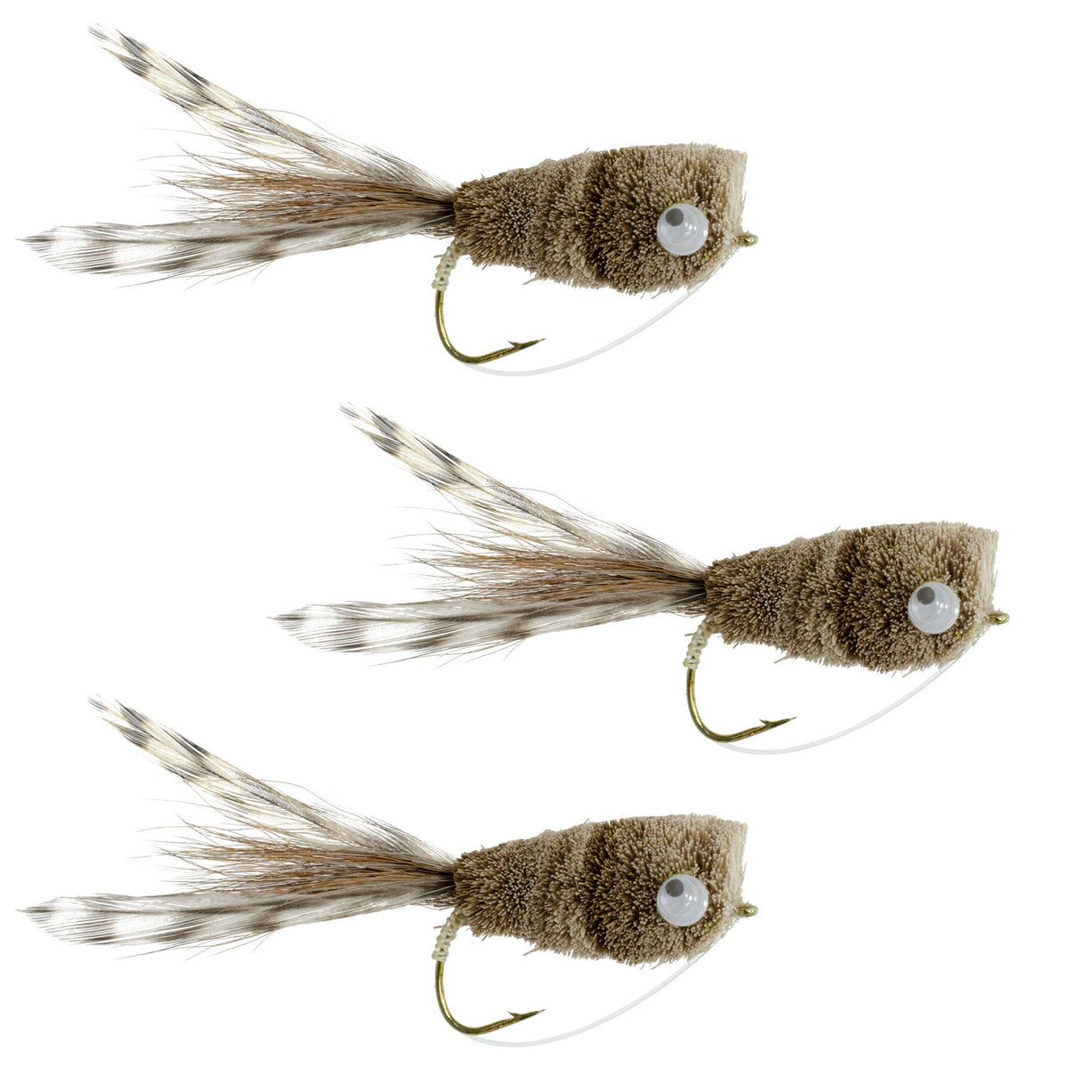 Set of three natural grizzly bass popper flies with weed guards for fly fishing, size 6, by The Fly Fishing Place.