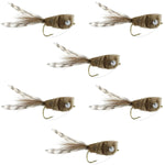 Set of 6 natural deer hair and grizzly bass popper flies with weed guard, size 8, for bass fly fishing from The Fly Fishing Place.
