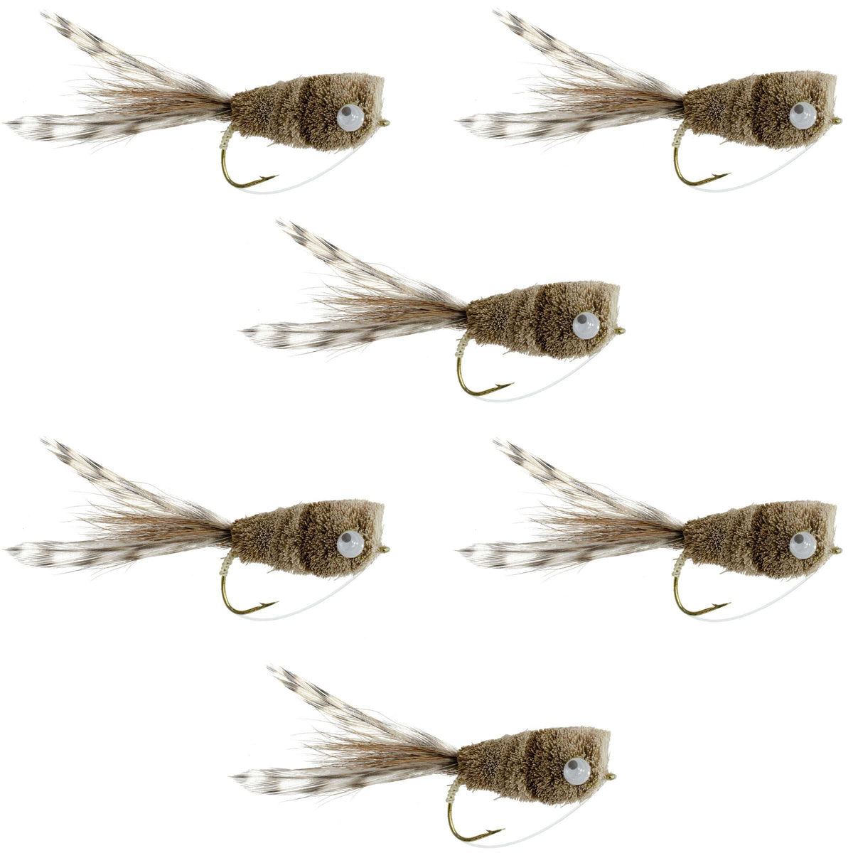Set of 6 natural deer hair and grizzly bass popper flies with weed guard, size 8, for bass fly fishing from The Fly Fishing Place.