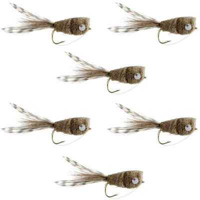 Set of 6 natural deer hair and grizzly bass popper flies with weed guard, size 8, for bass fly fishing from The Fly Fishing Place.