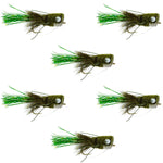 Set of six olive Flashtail Bass Popper flies with wide gape hooks and weed guards for bass fishing, by The Fly Fishing Place.