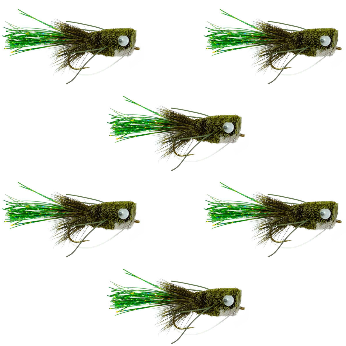 Set of six olive Flashtail Bass Popper flies with wide gape hooks and weed guards for bass fishing, by The Fly Fishing Place.