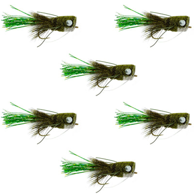Set of six olive Flashtail Bass Popper flies with wide gape hooks and weed guards for bass fishing, by The Fly Fishing Place.
