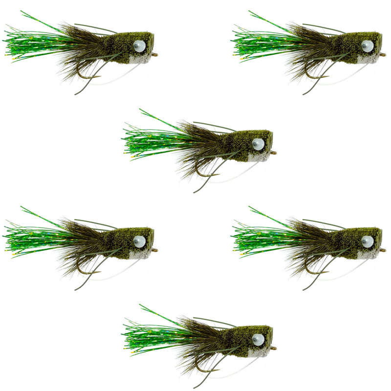 Set of six olive Flashtail Bass Popper flies with wide gape hooks and weed guards for bass fishing, by The Fly Fishing Place.