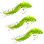 Three chartreuse bunny deer hair bass bug flies with weed guards, size 4, for fly fishing.