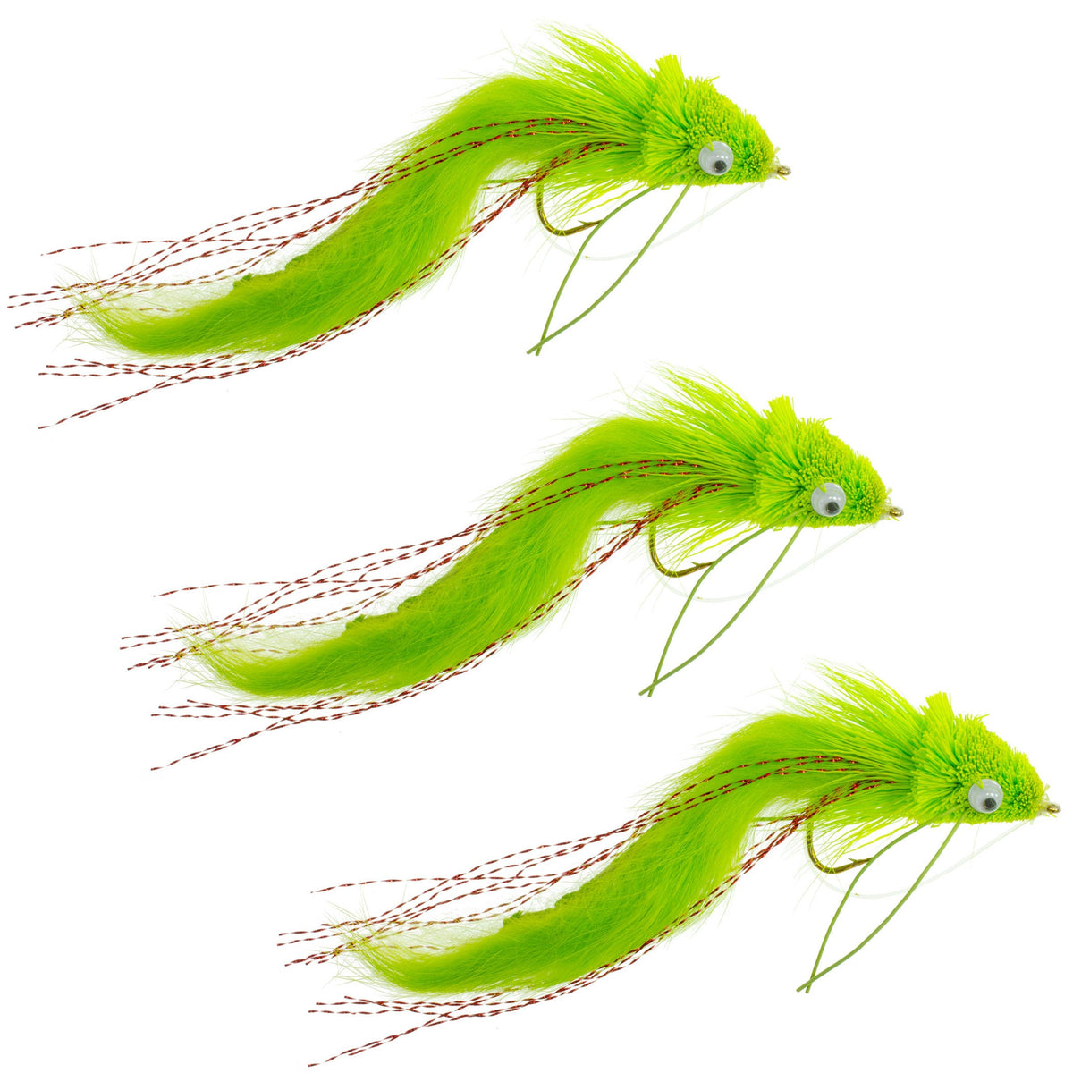 Three chartreuse bunny deer hair bass bug flies with weed guards, size 4, for fly fishing.