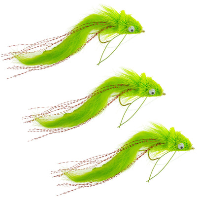 Three chartreuse bunny deer hair bass bug flies with weed guards, size 4, for fly fishing.